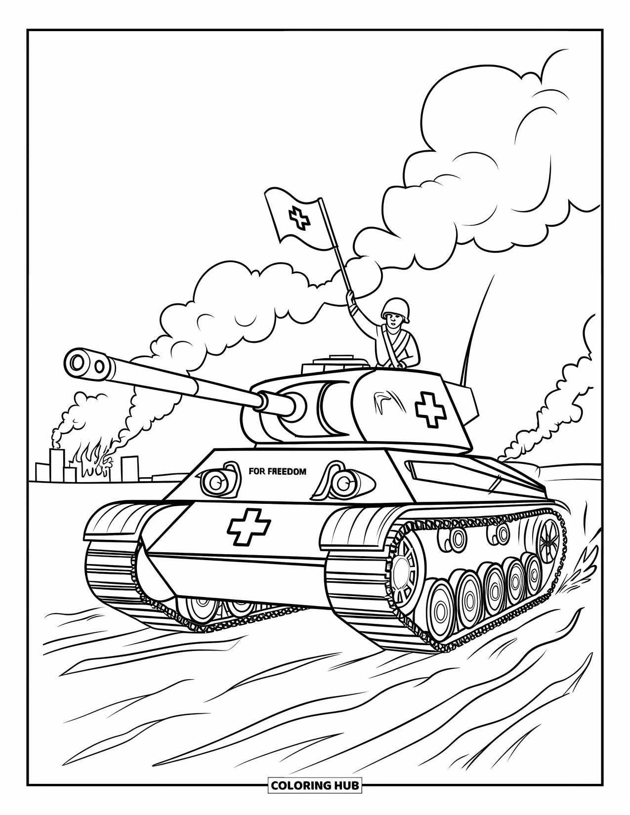 Ww2 Coloring Page for Kids: A tank with a flag drives through a burning, war-torn city