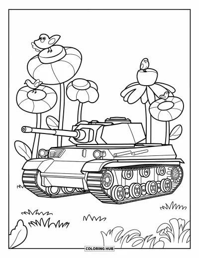 Coloriage de char de la Seconde Guerre mondiale pour enfants : Un char Tiger entouré de fleurs et d'oiseaux sourit sous un ciel dégagé