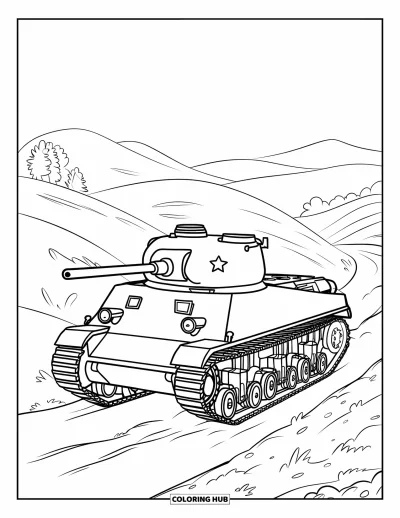 Coloriage de char de la Seconde Guerre mondiale pour enfants : Un char Sherman de la Seconde Guerre mondiale roule sur un chemin de terre vers les collines