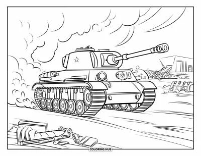 Coloriage de char de la Seconde Guerre mondiale pour enfants : Un char de la Seconde Guerre mondiale avance dans la fumée devant des bâtiments détruits et des débris