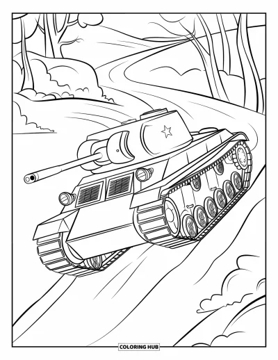 Coloriage de char de la Seconde Guerre mondiale pour enfants : Un char de la Seconde Guerre mondiale escalade une pente abrupte le long d'une route forestière sinueuse