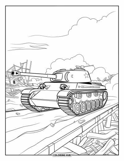 Coloriage de char de la Seconde Guerre mondiale pour enfants : Un char de la Seconde Guerre mondiale traverse un pont dans la fumée et les bâtiments écroulés