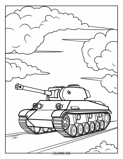 Coloriage de char de la Seconde Guerre mondiale pour enfants : Un char de la Seconde Guerre mondiale roule sur une route ordinaire sous des nuages gonflés et doux