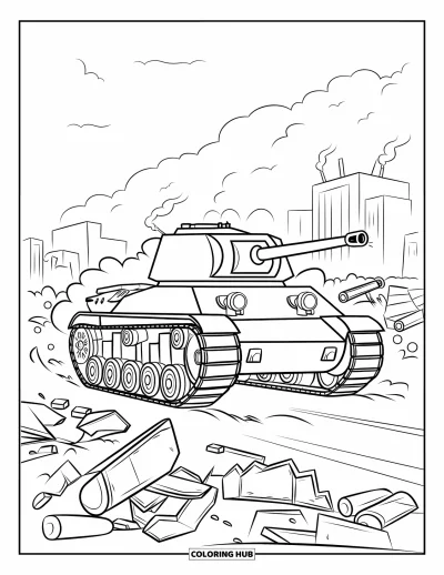 Coloriage de char de la Seconde Guerre mondiale pour enfants : Un char de la Seconde Guerre mondiale roule dans des décombres avec de la fumée s'élevant d'une ville