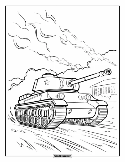 Coloriage de char de la Seconde Guerre mondiale pour enfants : Un char de la Seconde Guerre mondiale roule dans la boue et la fumée près d'un vieux bâtiment