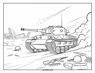 Coloriage de char de la Seconde Guerre mondiale pour enfants : Un char de la Seconde Guerre mondiale traverse des ruines entourées de casques et de fusils
