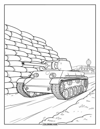 Coloriage de char de la Seconde Guerre mondiale pour enfants : Un char de la Seconde Guerre mondiale fait face à une tour radar au-delà du champ et des arbres