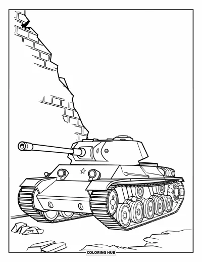 Coloriage de char de la Seconde Guerre mondiale pour enfants : Un char de la Seconde Guerre mondiale se trouve à côté d'un mur de briques endommagé et fissuré