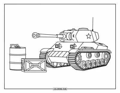 Coloriage de char de la Seconde Guerre mondiale pour enfants : Un char de la Seconde Guerre mondiale repose à côté de caisses étiquetées "Ammunition" et "Fuel"