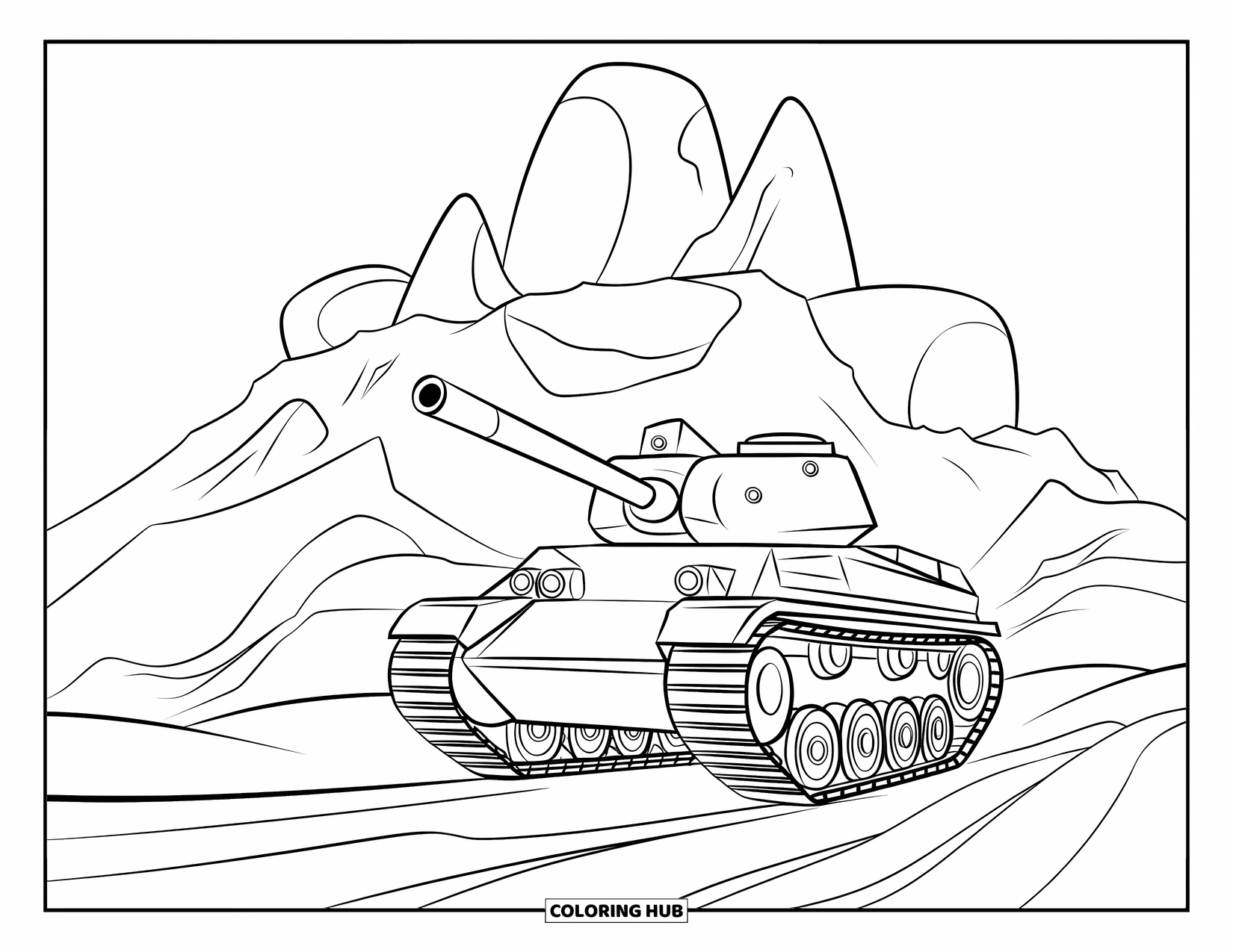 Ww2 Coloring Page for Kids: A WW2 tank rolls past a mountain with large rounded shapes