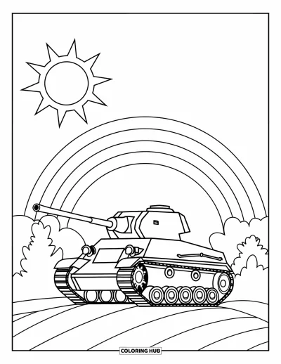 Coloriage de char de la Seconde Guerre mondiale pour enfants : Un char de la Seconde Guerre mondiale brille sous un arc-en-ciel sur une colline ensoleillée