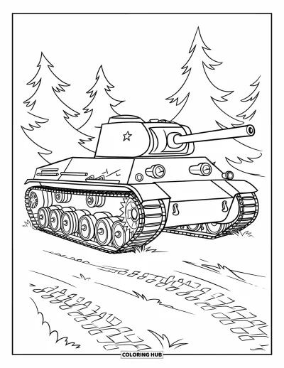 Coloriage de char de la Seconde Guerre mondiale pour enfants : Un char de la Seconde Guerre mondiale est posé entre des pins, laissant des traces dans la terre meuble