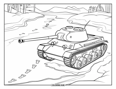 Coloriage de char de la Seconde Guerre mondiale pour enfants : Un char de la Seconde Guerre mondiale repose sur un sol gelé entouré de neige et de traces de chenilles