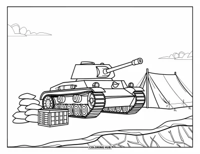 Coloriage de char de la Seconde Guerre mondiale pour enfants : Un char de la Seconde Guerre mondiale se tient à côté de sacs de sable empilés et d'une caisse de munitions
