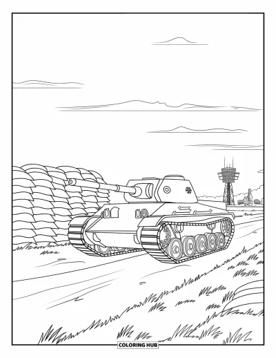 Coloriage de char de la Seconde Guerre mondiale pour enfants : Un char de la Seconde Guerre mondiale est posé sur un chemin de terre près de sacs de sable et de tours radar