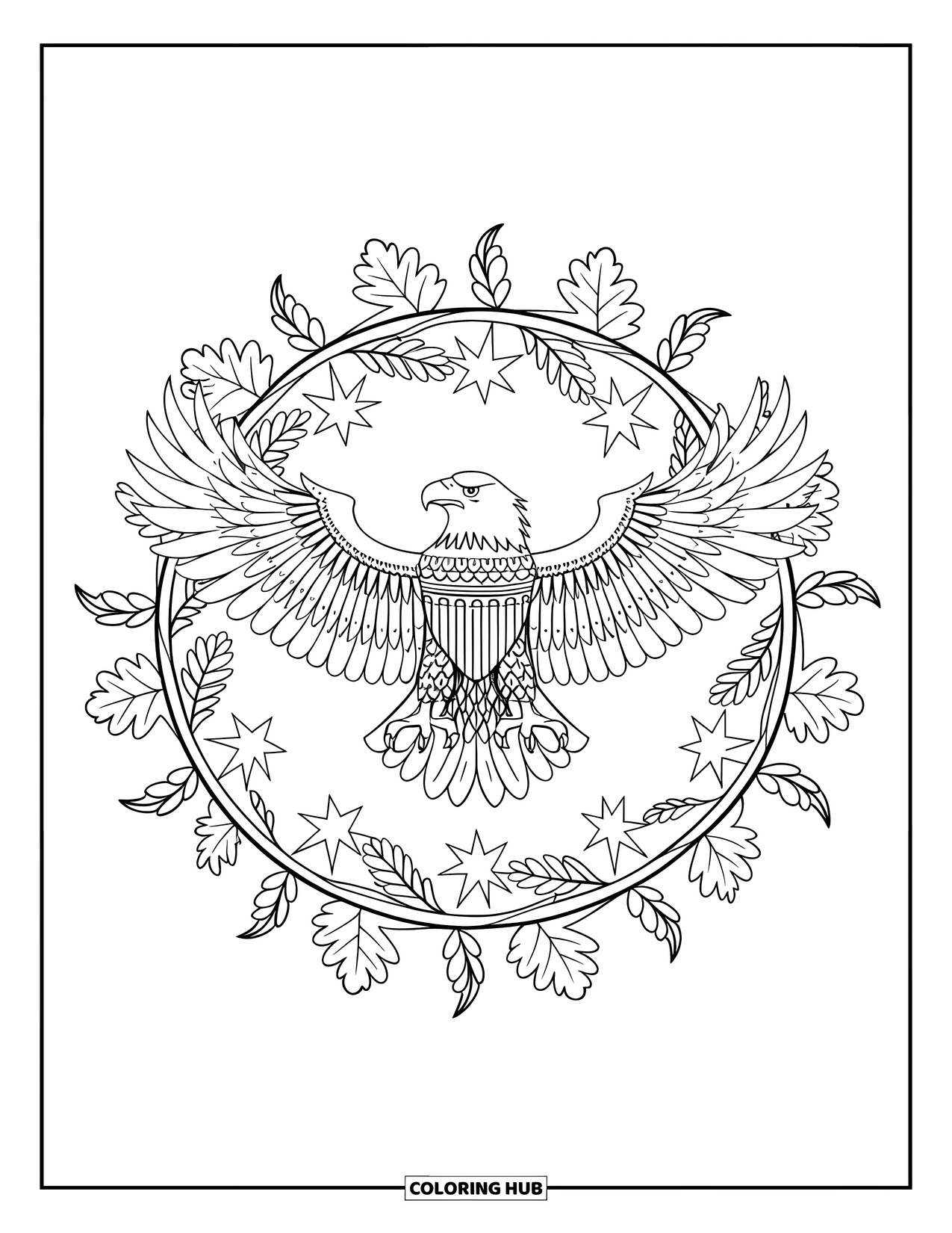 4Th Of July Coloring Page for Adults: A bald eagle spreads its wings inside a circle of leaves and stars