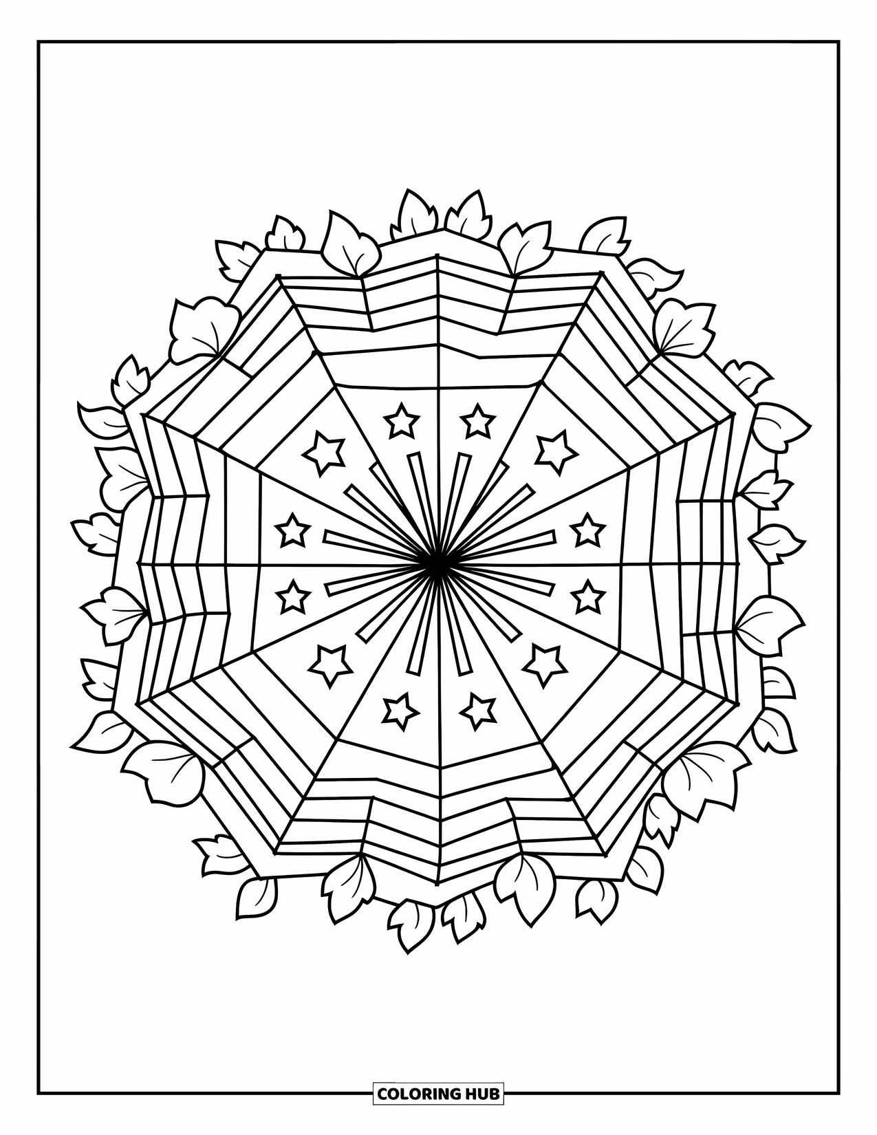 4Th Of July Coloring Page for Adults: A bright firework sparkles at the center of a star framed with ivy leaves
