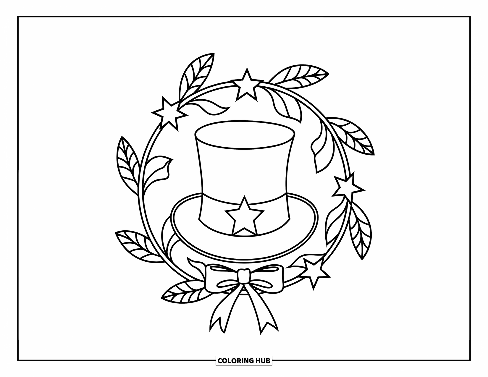 4Th Of July Coloring Page for Adults: A decorative Uncle Sam hat surrounded by leaves and stars forms a classic design