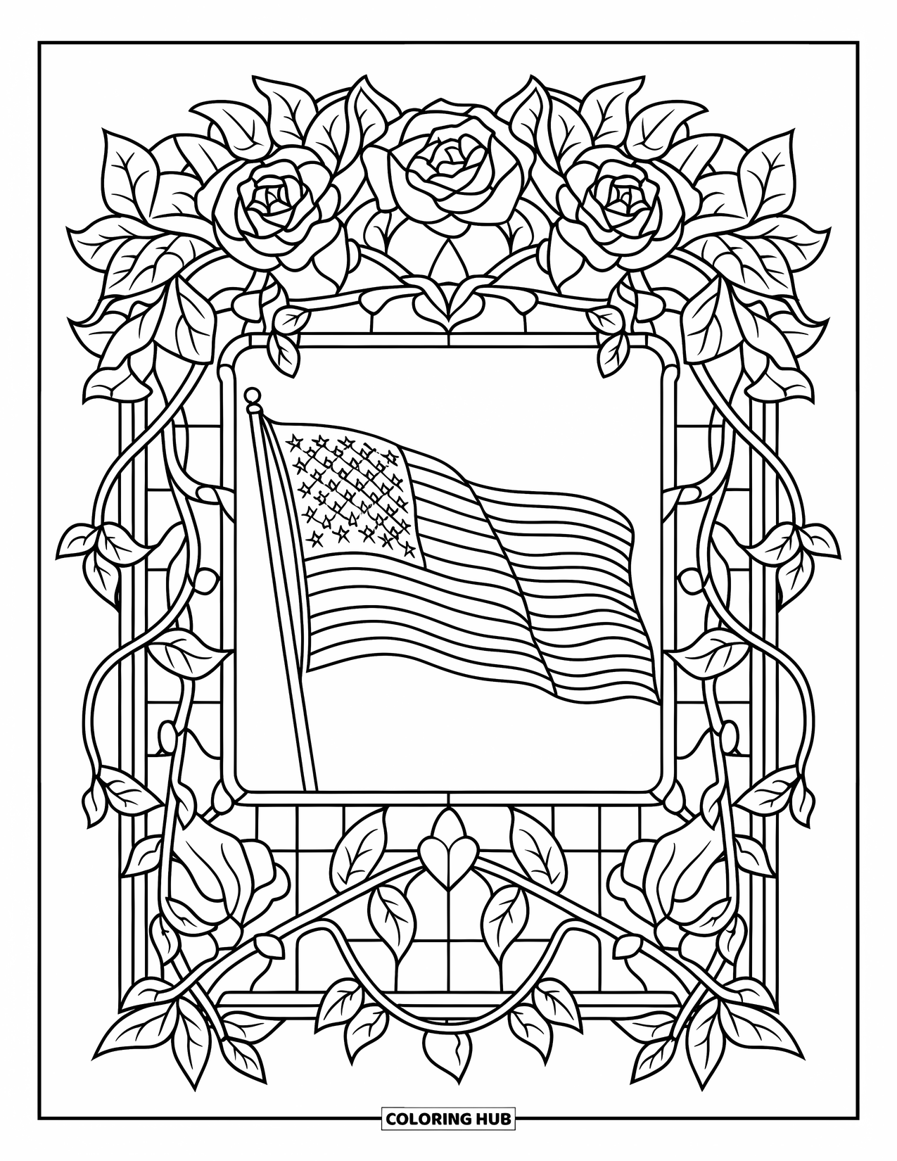 4Th Of July Coloring Page for Adults: A flag waves proudly inside a rose and ivy stained glass border