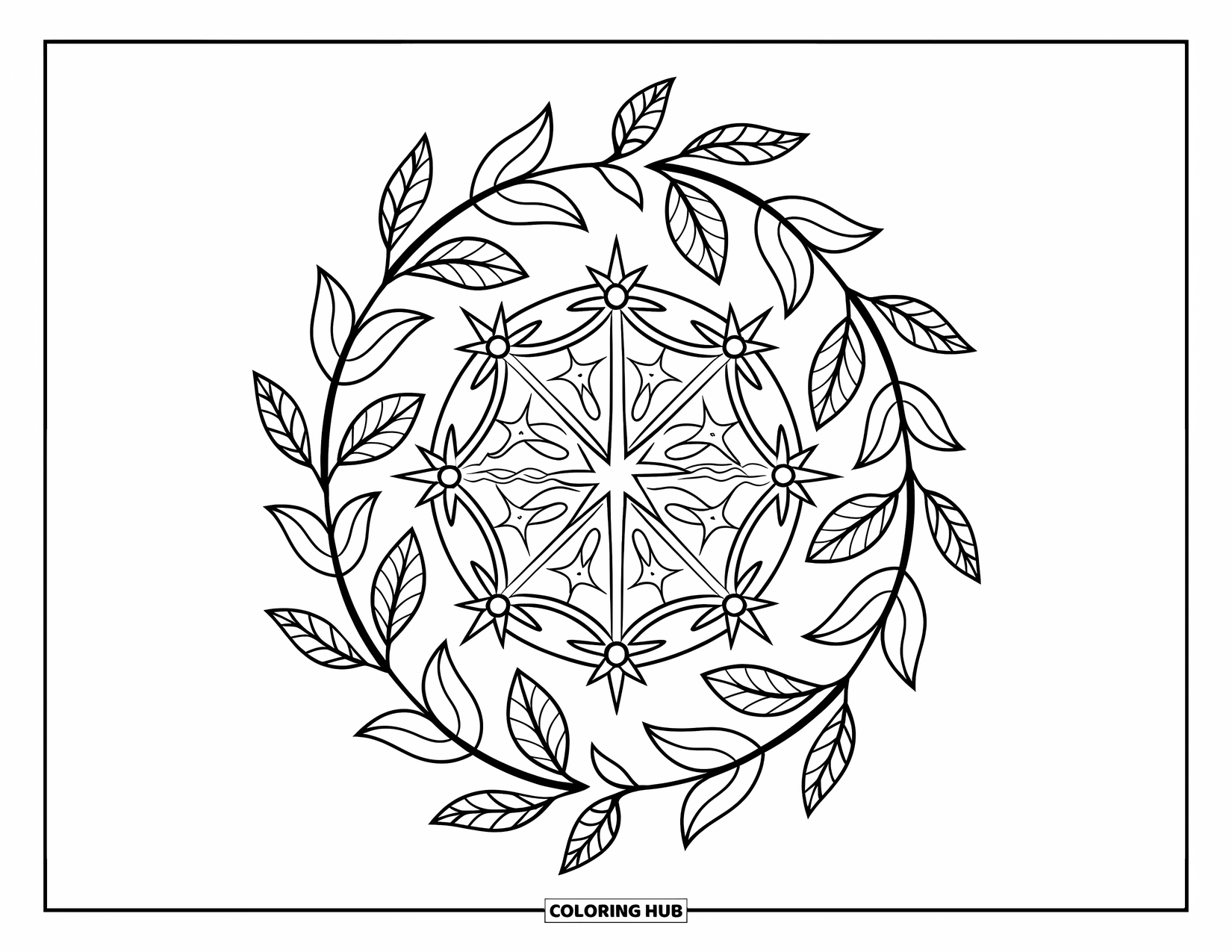 4Th Of July Coloring Page for Adults: A floral wreath surrounds sparkling fireworks shaped like stars and spirals