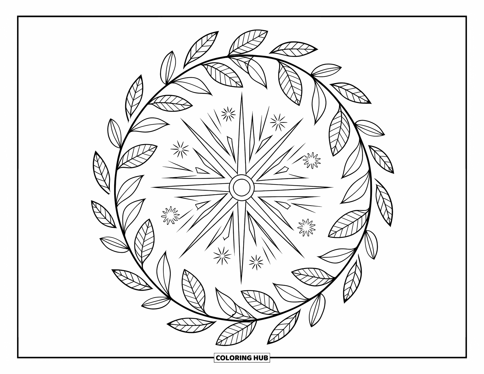 4Th Of July Coloring Page for Adults: A leafy wreath wraps around a large circular firework bursting in the middle