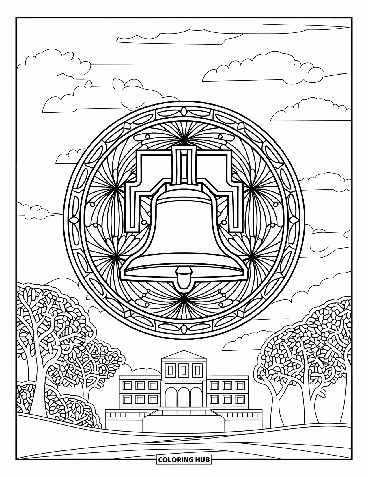 4Th Of July Coloring Page for Adults: A Liberty Bell rests at the heart of a stained glass circle with fireworks
