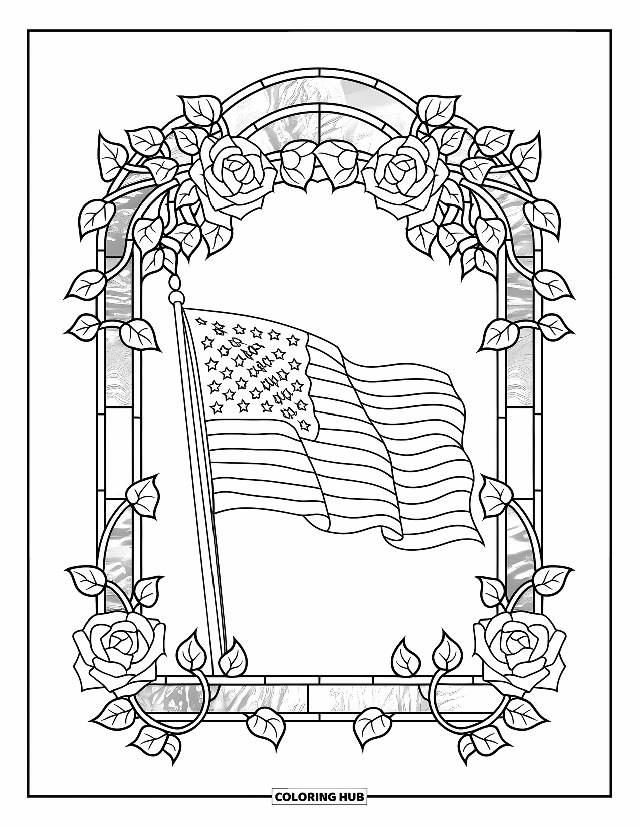 4Th Of July Coloring Page for Adults: An American flag glows inside a stained glass frame of roses and ivy