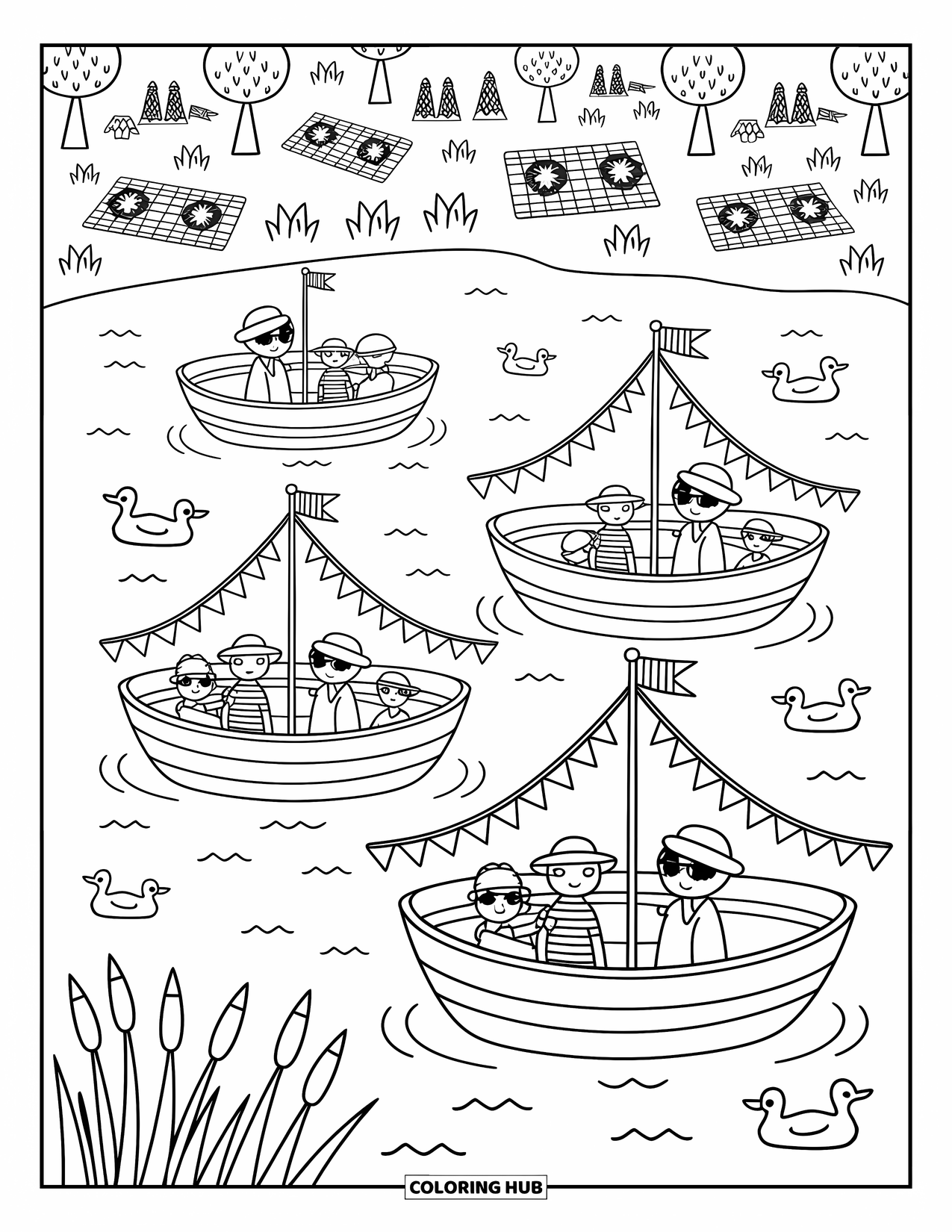4Th Of July Coloring Page for Adults: Families wave tiny flags from rowboats floating on a calm, sparkling lake