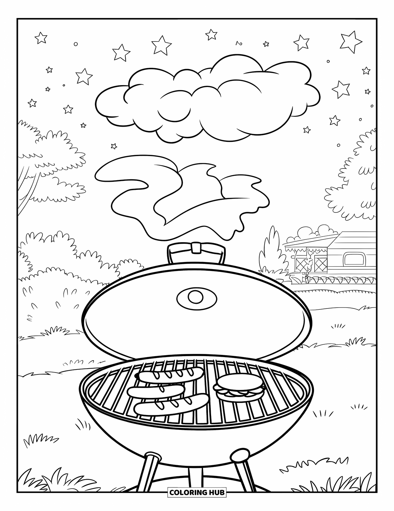 4Th Of July Coloring Page for Kids: A barbecue grill sends up smoke as stars shimmer above in the quiet night