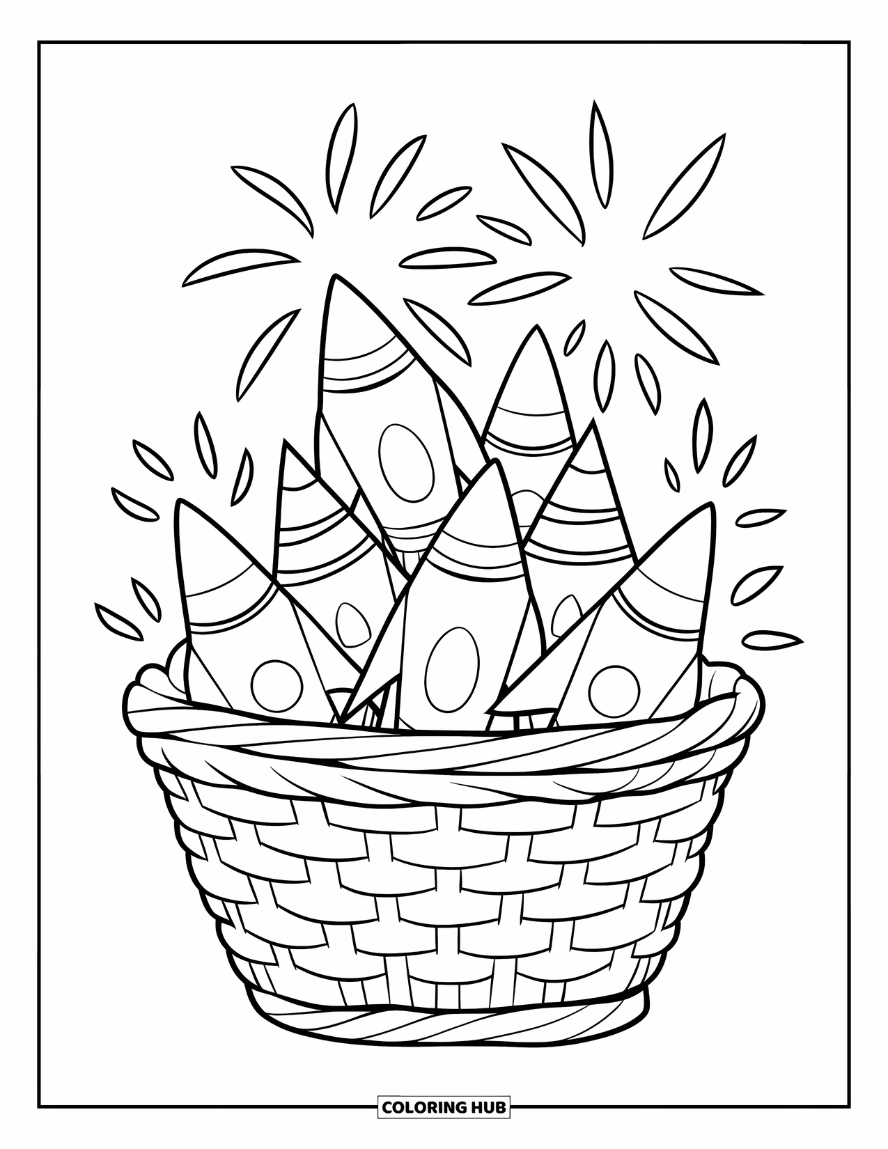 4Th Of July Coloring Page for Kids: A cheerful basket full of fireworks sparkles with bursts of light