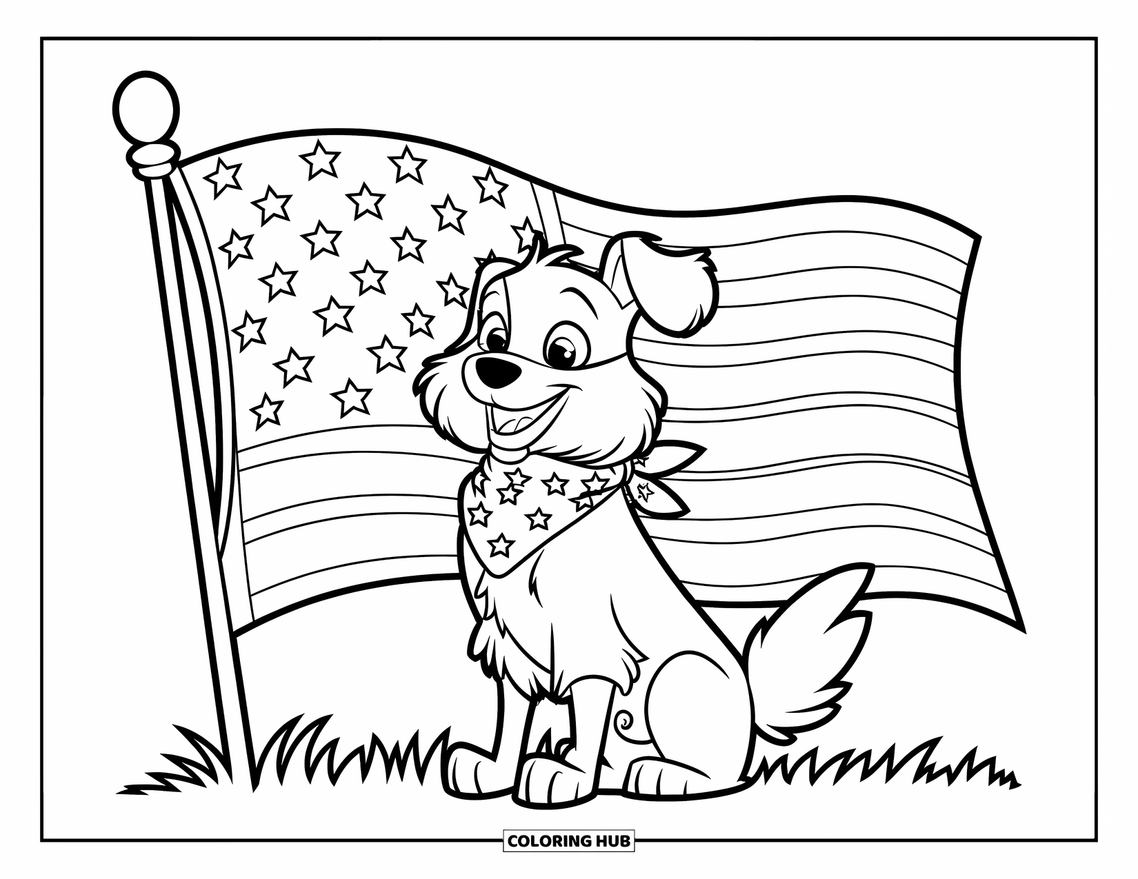 4Th Of July Coloring Page for Kids: A cheerful dog with a star bandana sits beside a flag in the grass
