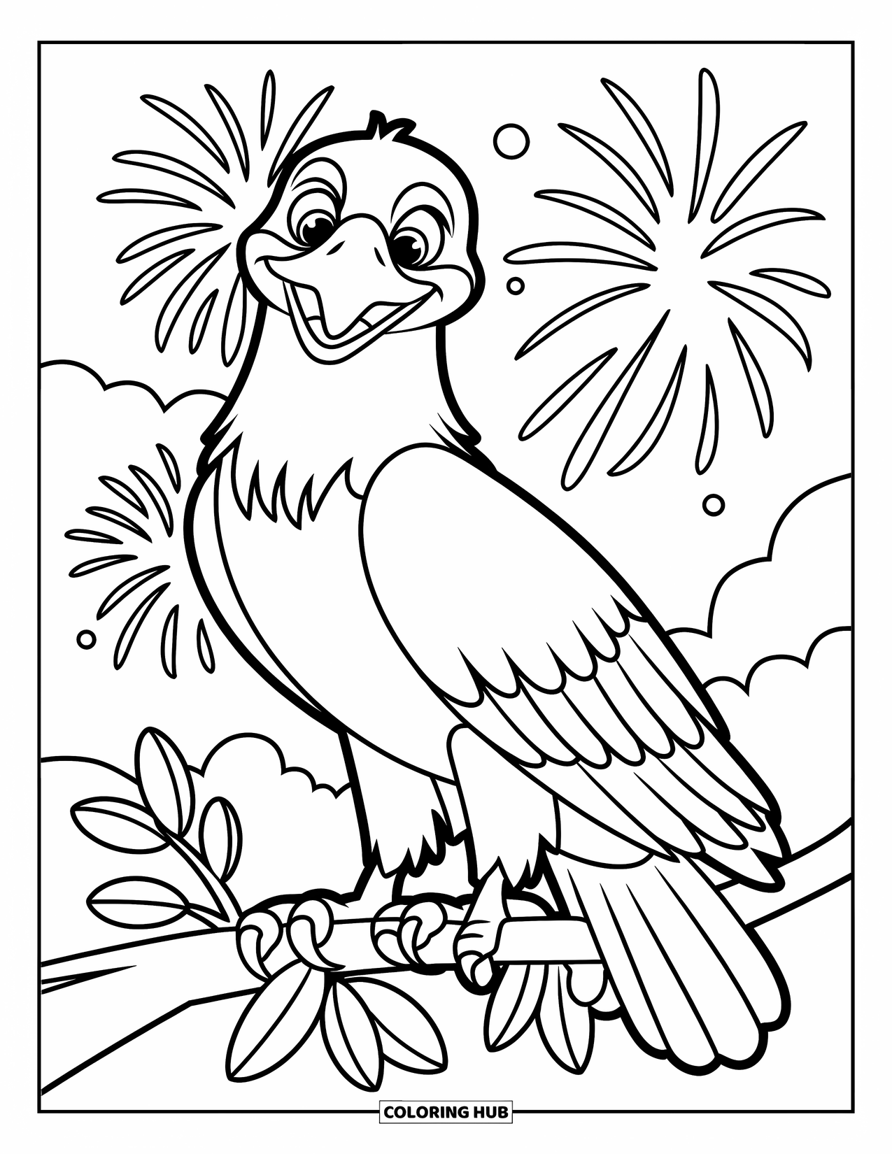 4Th Of July Coloring Page for Kids: A cheerful eagle perches on a branch with fireworks lighting up the background