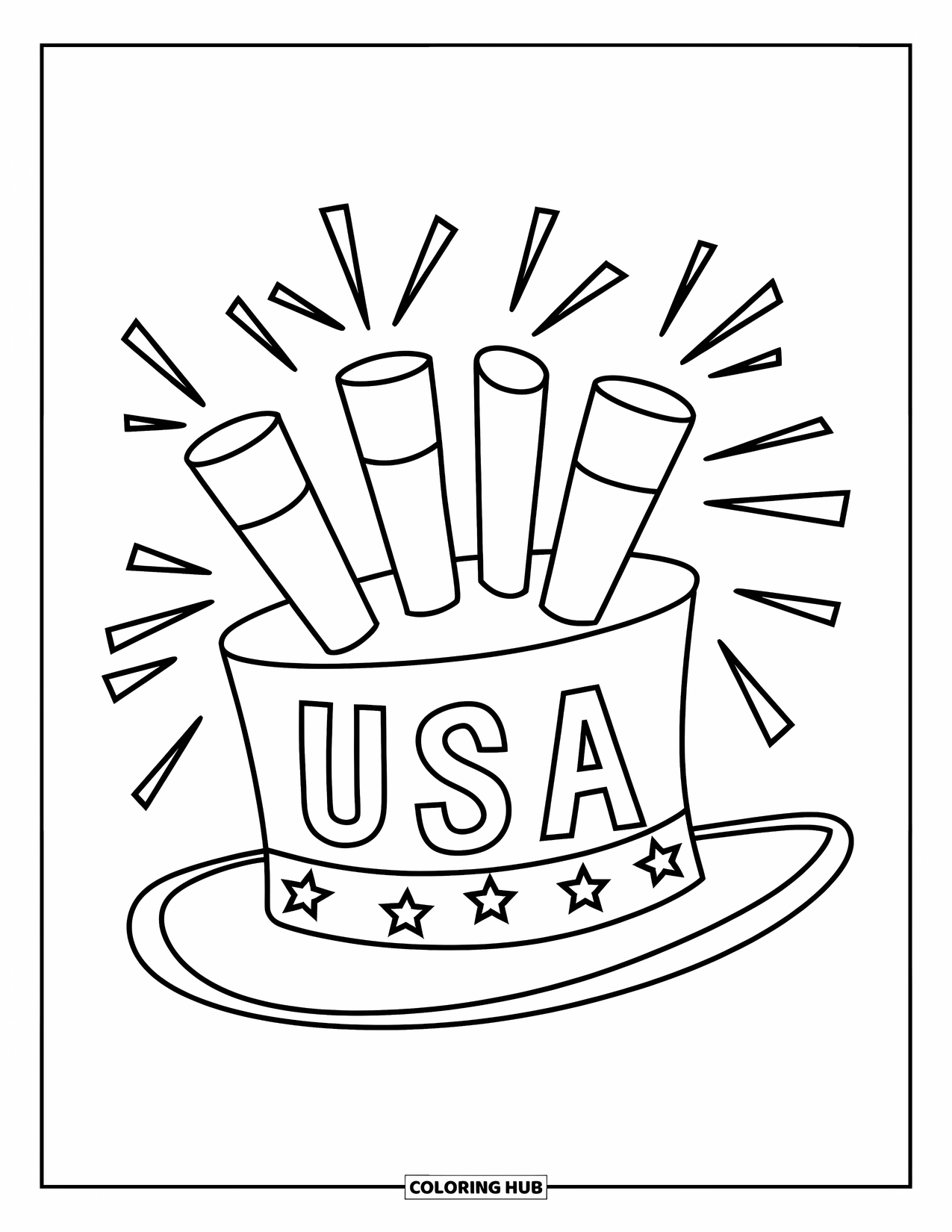 4Th Of July Coloring Page for Kids: A festive top hat marked ìUSAî sits under glowing fireworks in the sky