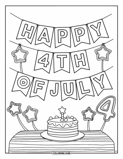 Július 4-i kifestő gyerekeknek: Egy “Happy 4th of July” feliratú szalag csillagokkal, lufikkal és egy tortával díszítve szikrázik