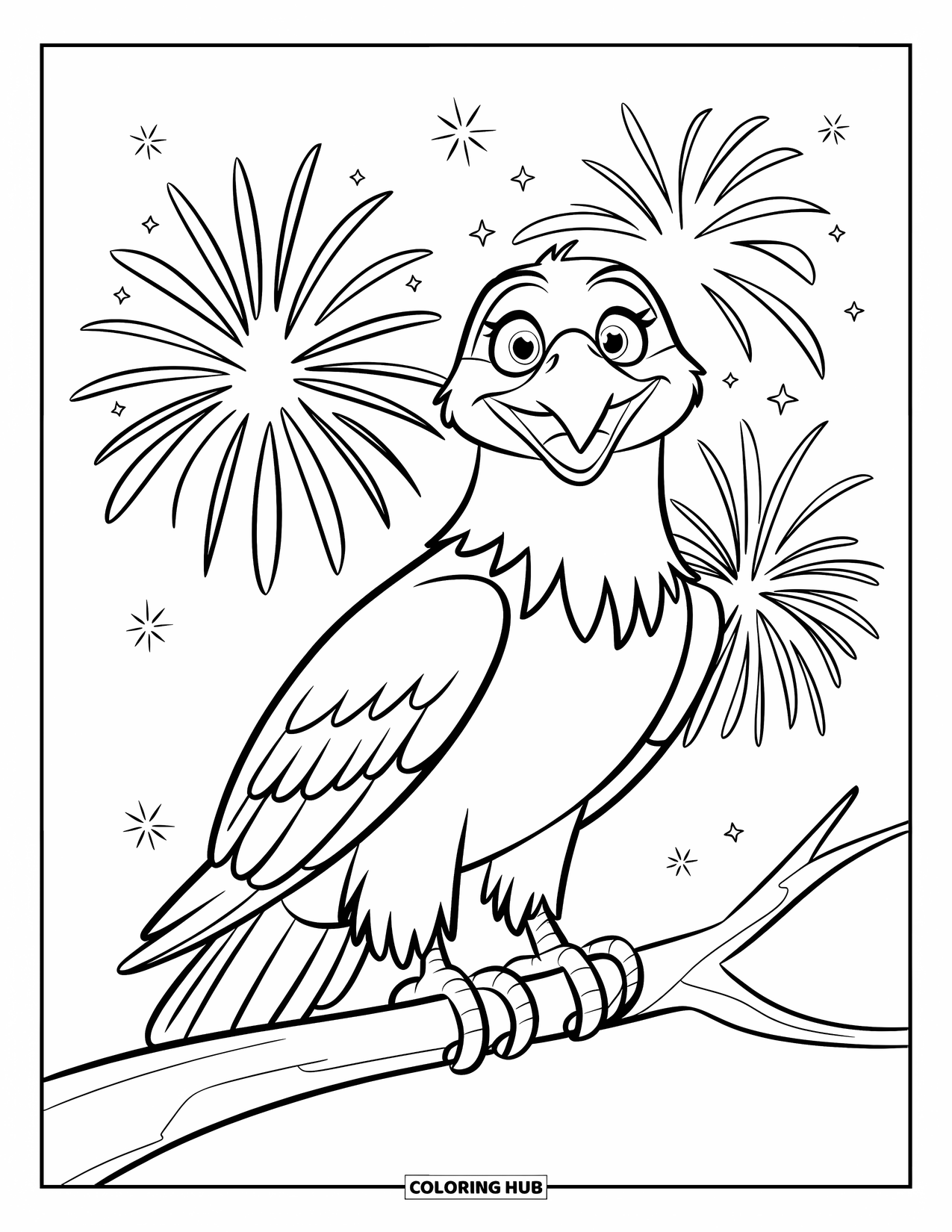 4Th Of July Coloring Page for Kids: A happy bald eagle watches fireworks sparkle brightly in the night sky