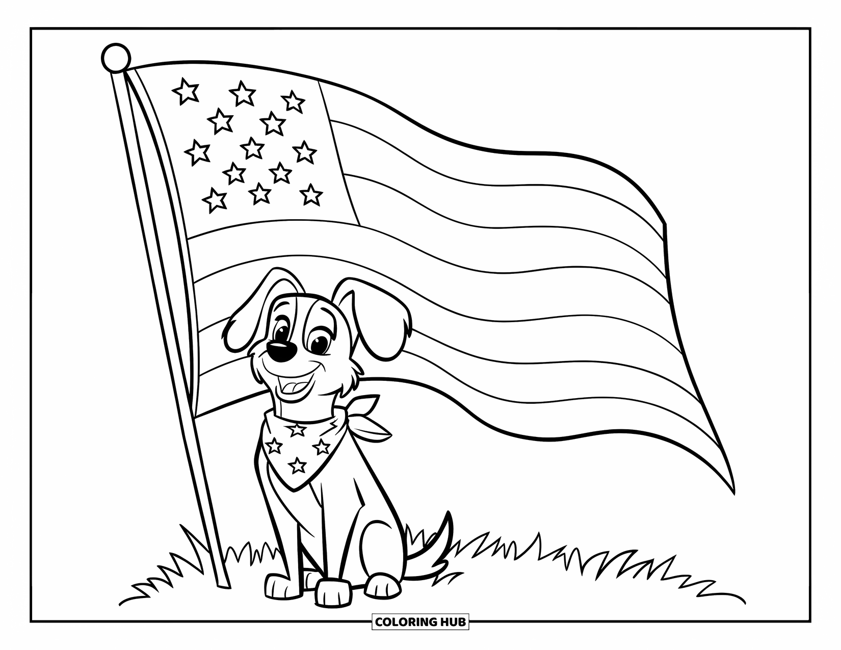 4Th Of July Coloring Page for Kids: A happy dog wearing a star bandana sits proudly beside an American flag