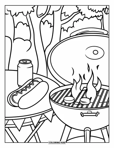 Július 4-i kifestő gyerekeknek: Egy hotdog és üdítő pihen az asztalon egy grillsütő és fák mellett