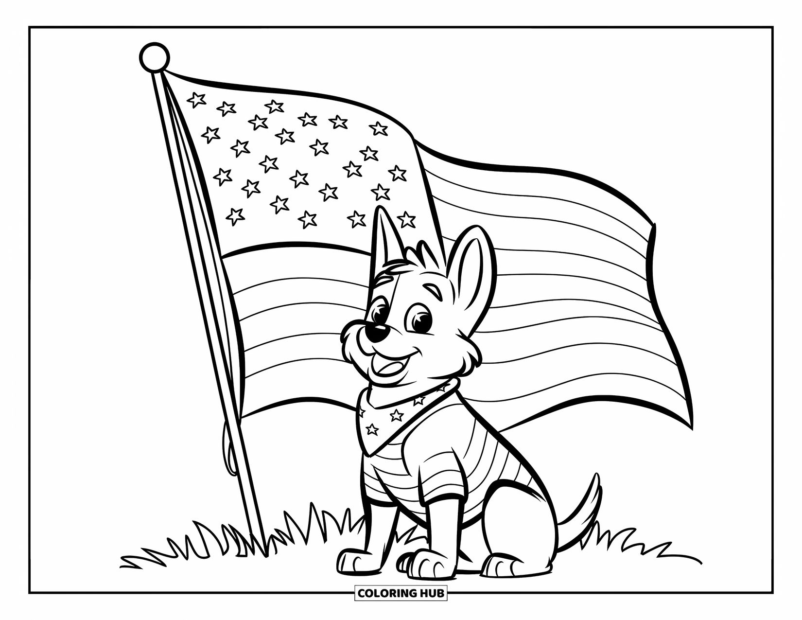 4Th Of July Coloring Page for Kids: A joyful dog wearing stripes and stars sits proudly beside a waving flag