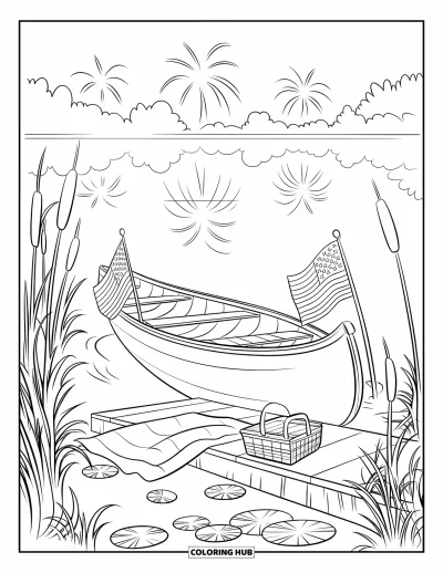 Július 4-i kifestő gyerekeknek: Egy békés tó tükrözi a tűzijátékot, miközben egy kenu és piknikeskosár pihen a stégnél