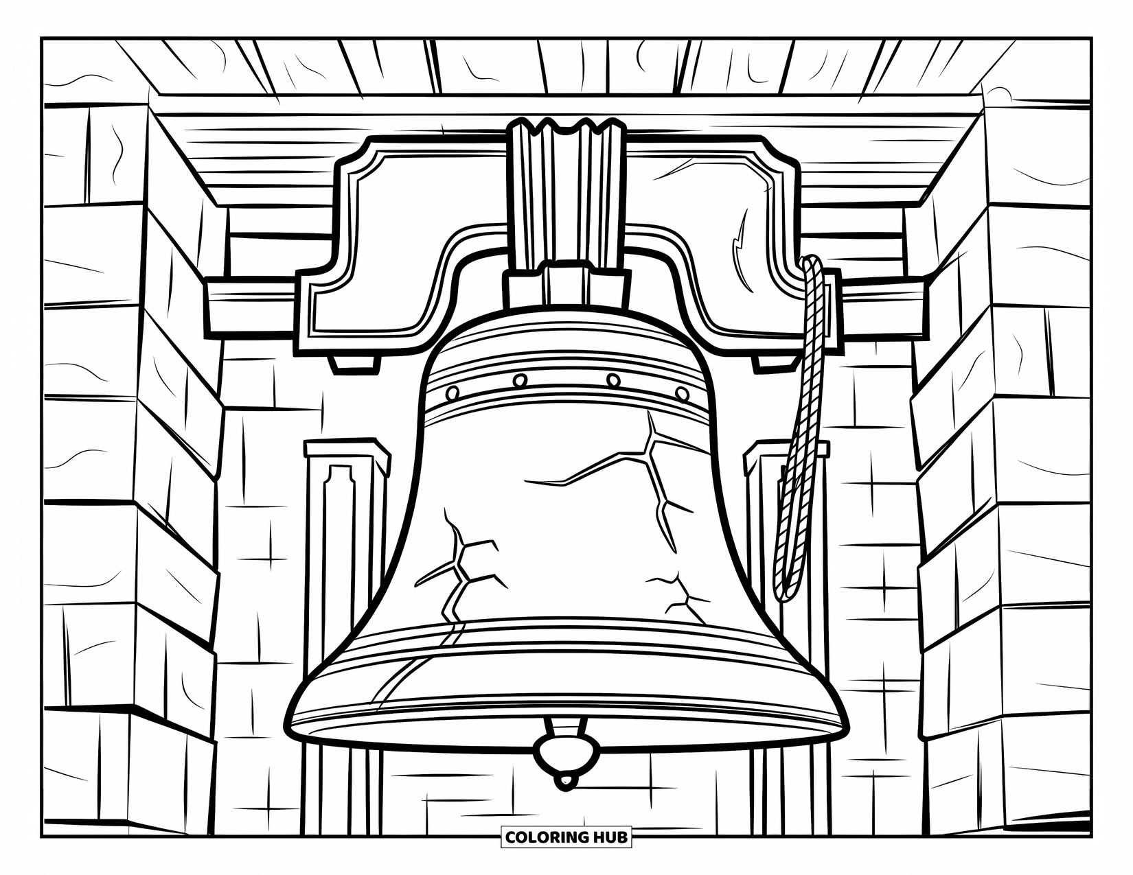 4Th Of July Coloring Page for Kids: A shining Liberty Bell hangs inside a historic building with wooden beams