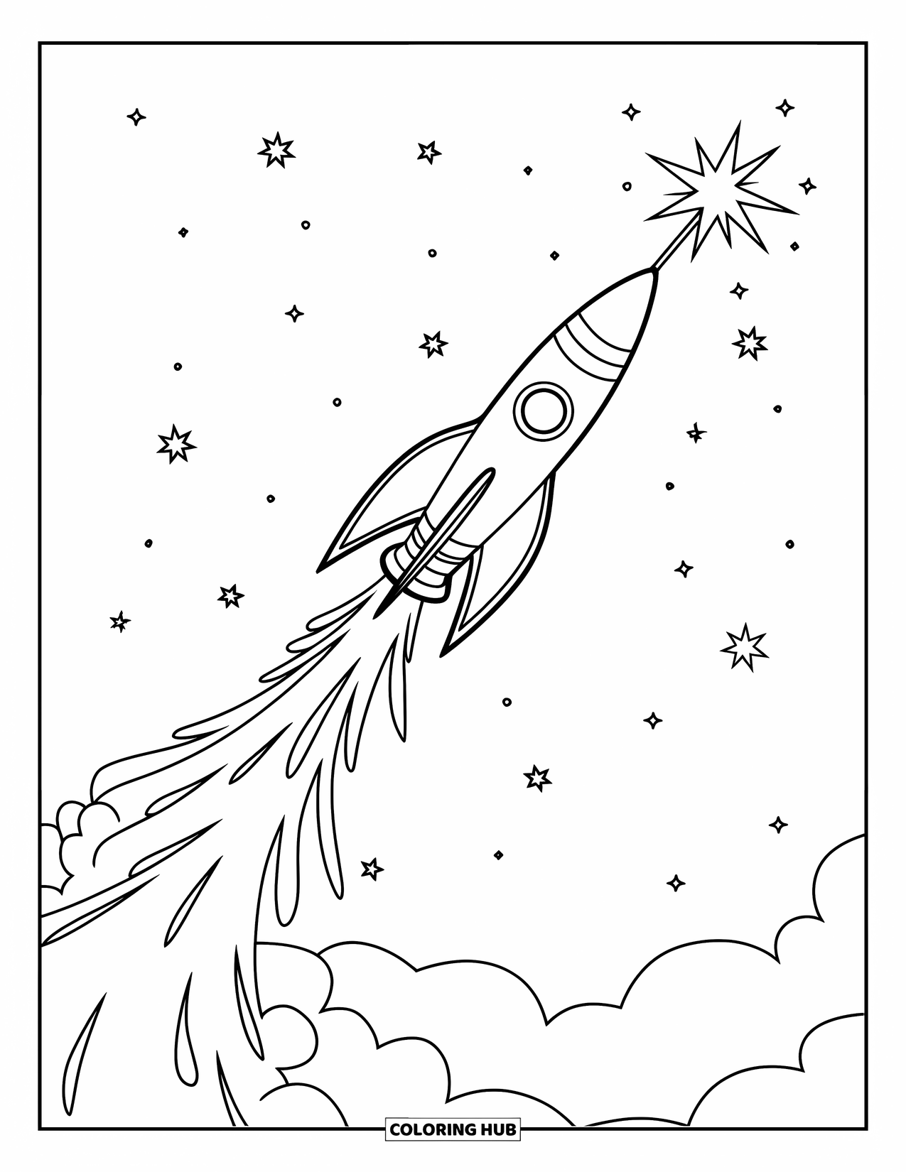 4Th Of July Coloring Page for Kids: A single firework rocket shoots up, leaving a sparkling trail of light