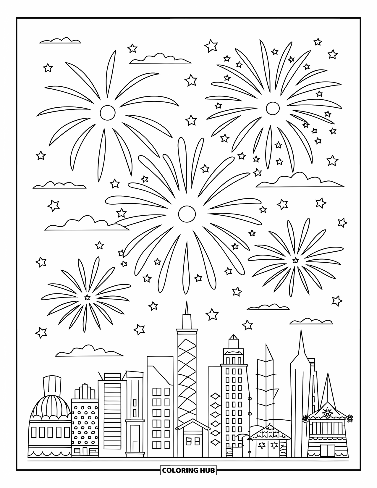 4Th Of July Coloring Page for Kids: A sky full of fireworks glows above the city skyline on Independence Day
