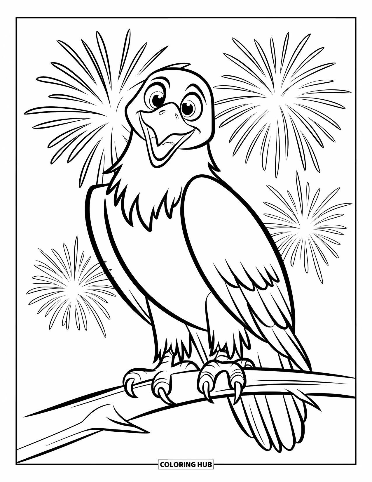 4Th Of July Coloring Page for Kids: A smiling bald eagle perches proudly on a branch as fireworks burst behind