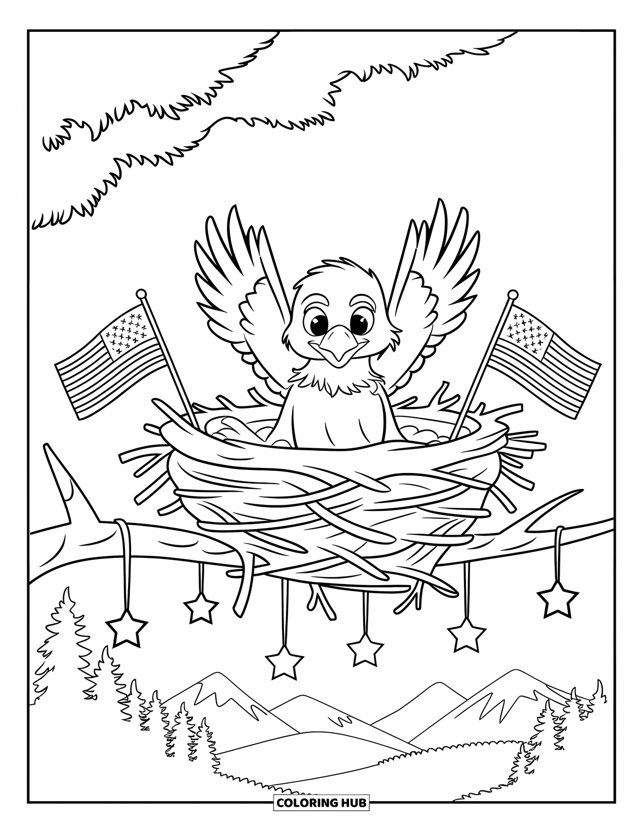 4Th Of July Coloring Page for Kids: A tiny eagle flaps its wings in a nest with flags and stars all around