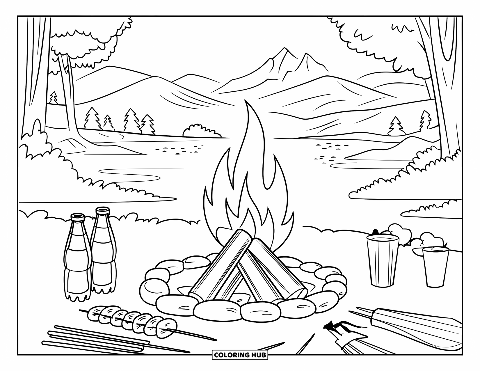 4Th Of July Coloring Page for Kids: A warm campfire burns as friends enjoy soda, snacks, and the gentle mountain view