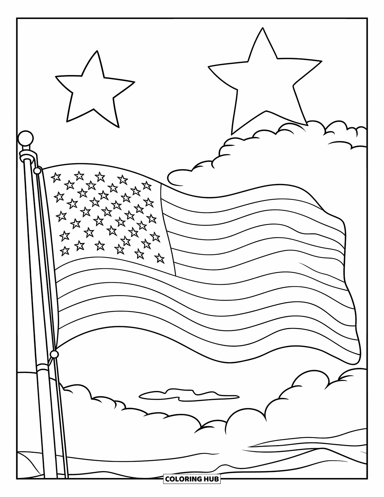 4Th Of July Coloring Page for Kids: An American flag waves proudly under a sky dotted with stars