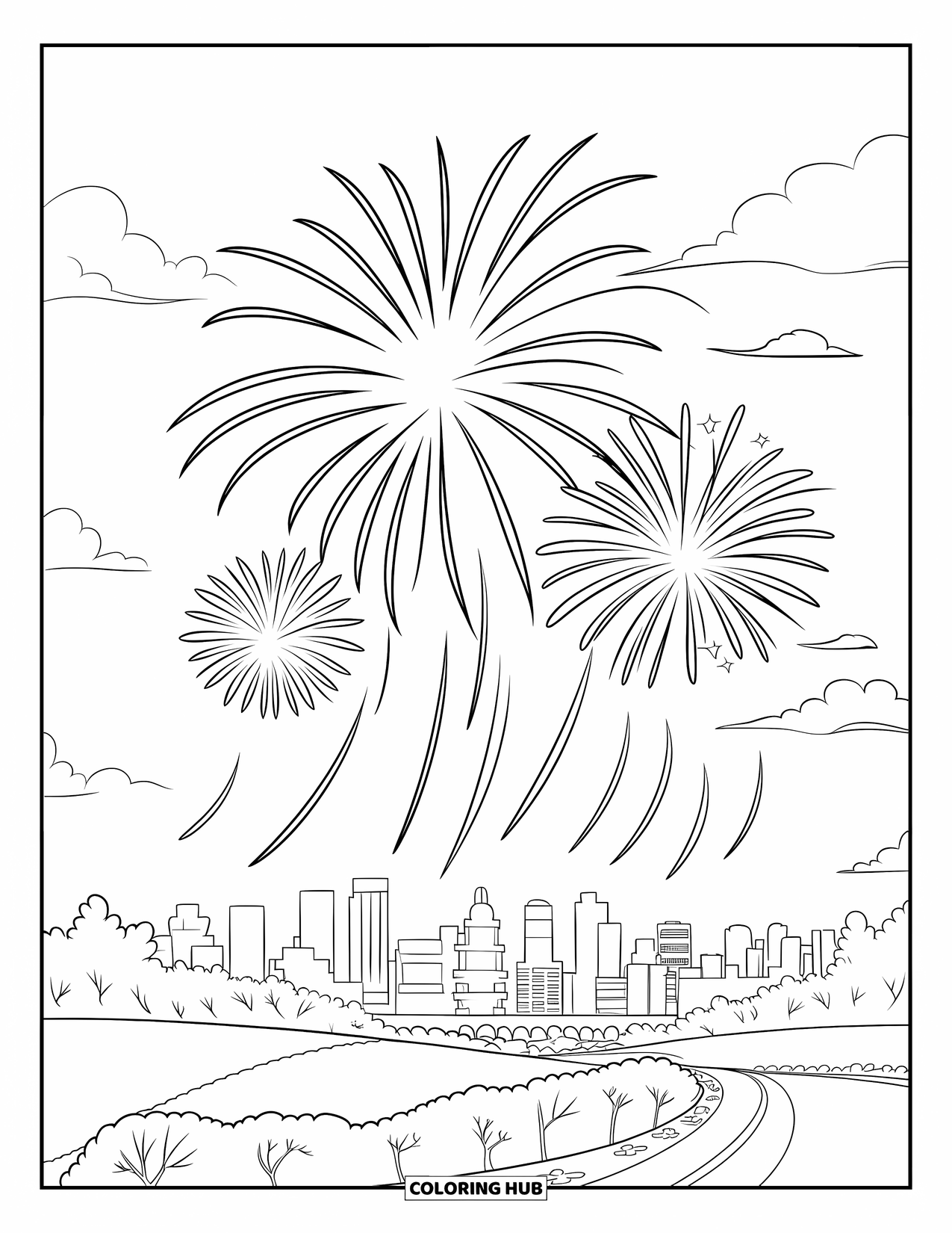 4Th Of July Coloring Page for Kids: Fireworks light up the city skyline as crowds celebrate the 4th of July
