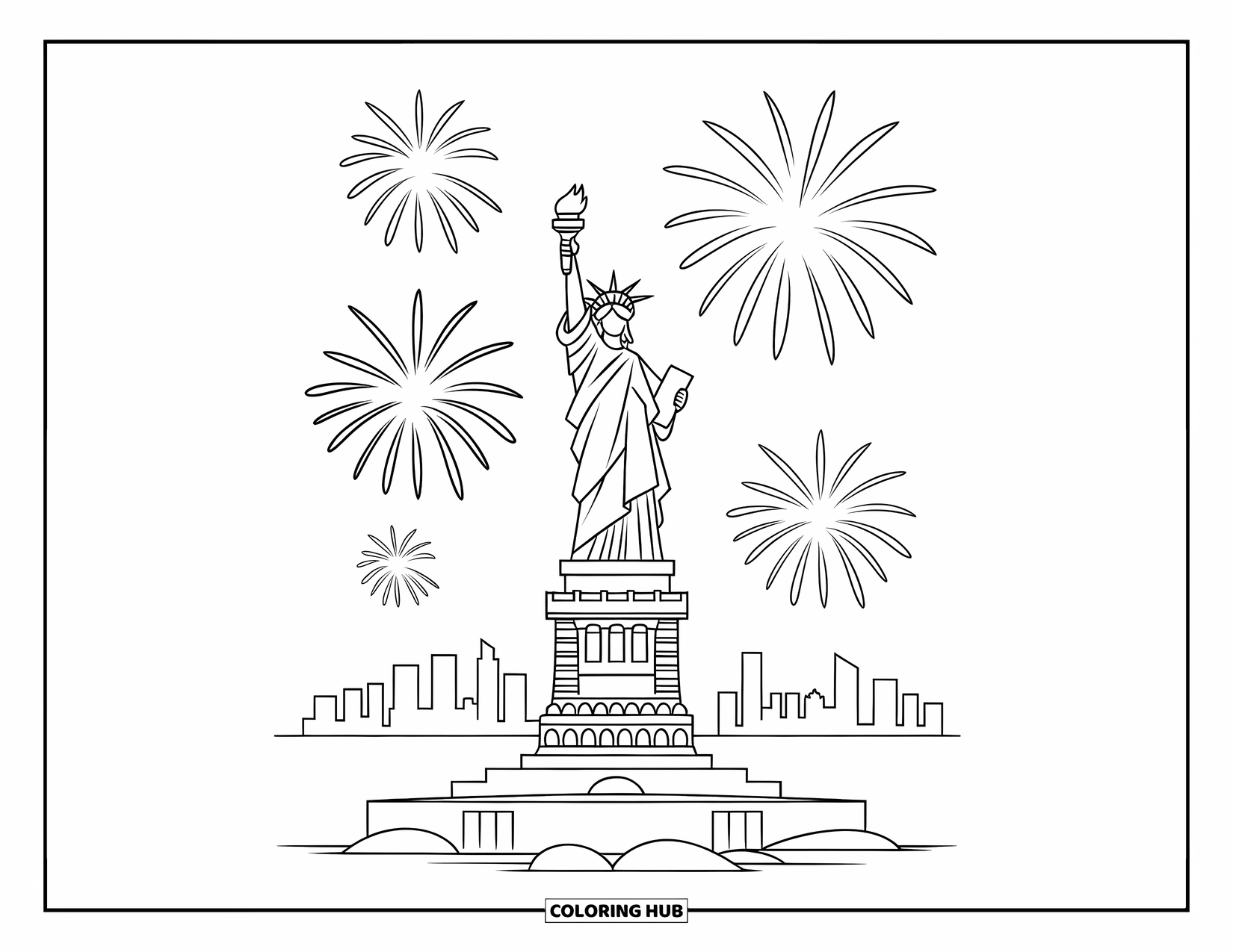 4Th Of July Coloring Page for Kids: Fireworks light up the sky behind the Statue of Liberty and city skyline