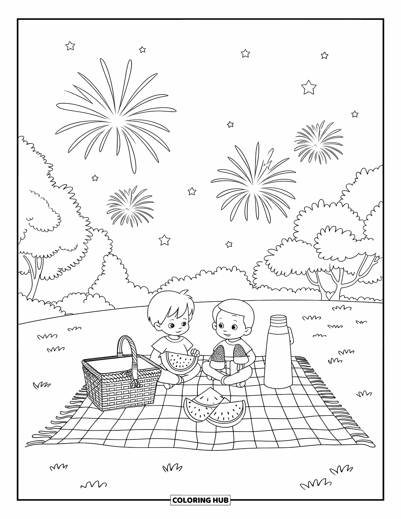 4Th Of July Coloring Page for Kids: Kids enjoy a picnic with watermelon and corn as fireworks sparkle above