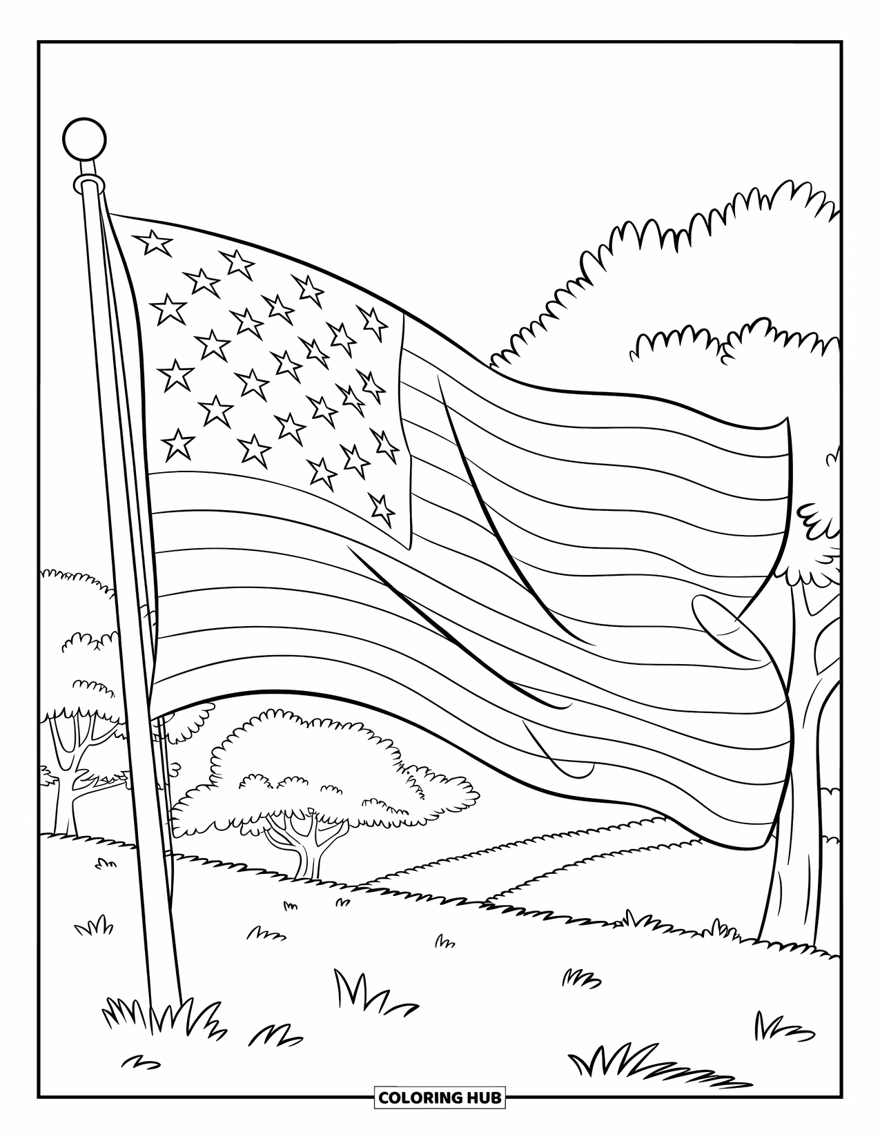 4Th Of July Coloring Page for Kids: The American flag flutters proudly in the wind above the grassy ground